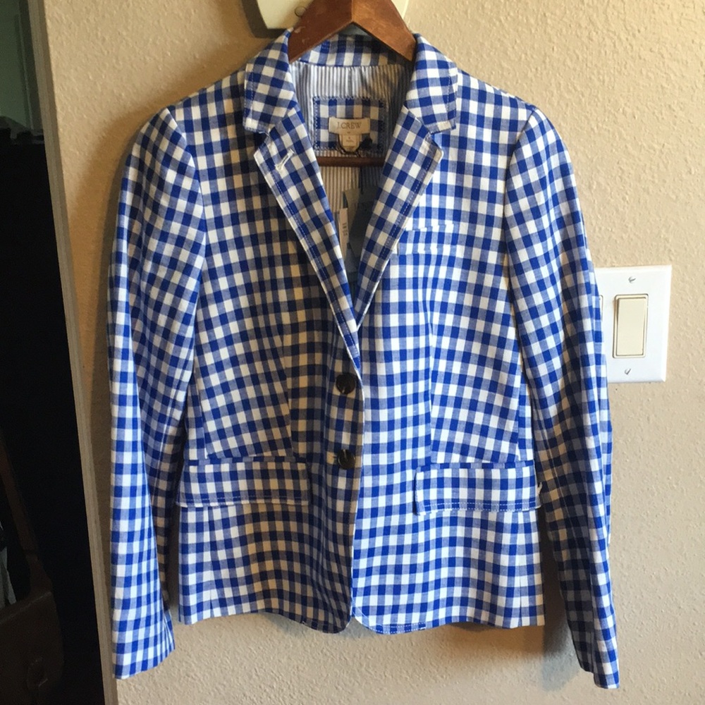 NWT J.Crew Campbell Gingham Linen Blazer Jacket Blue Check Size 4P